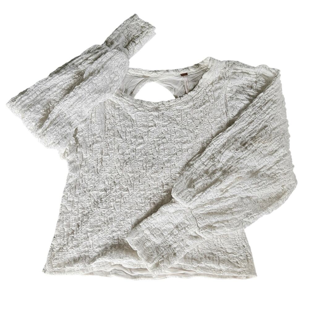 Free People Jasmine Teatime Long Puff Sleeve Top XL Cut out back Lace Shirt